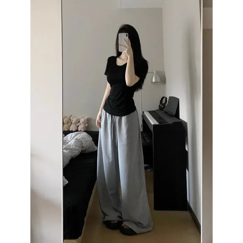 Deeptown Grey Sweatpants Wide Leg Pants Women Casual Oversize Sports Trousers Korean Fashion Streetwear Vintage Straight Joggers