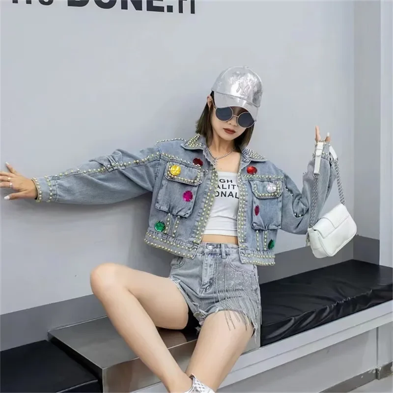 Perlen Diamanten Große Tasche Denim Jacken Frauen Casual Cowboy Oberbekleidung Herbst Vintage Blau Lose Kurze Jeans Jacke Mantel Weibliche