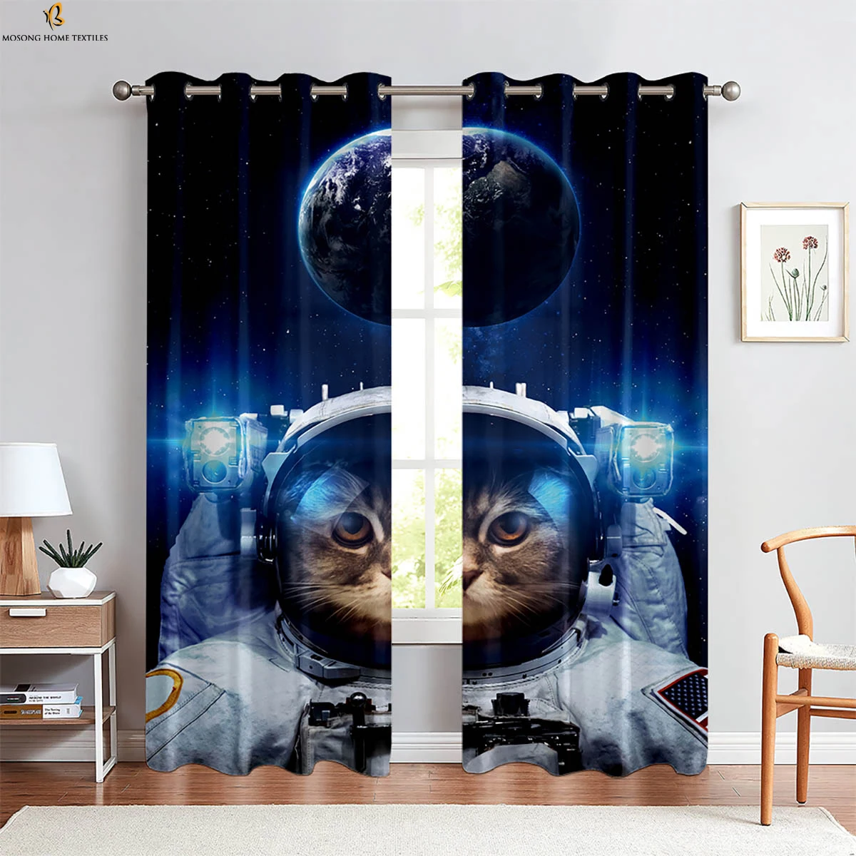 

2pcs Funny Astronaut Cat Cartoon 3D Stereo Printing Curtains Bedroom Living Room Kitchen Decorative Curtains Household Supplies