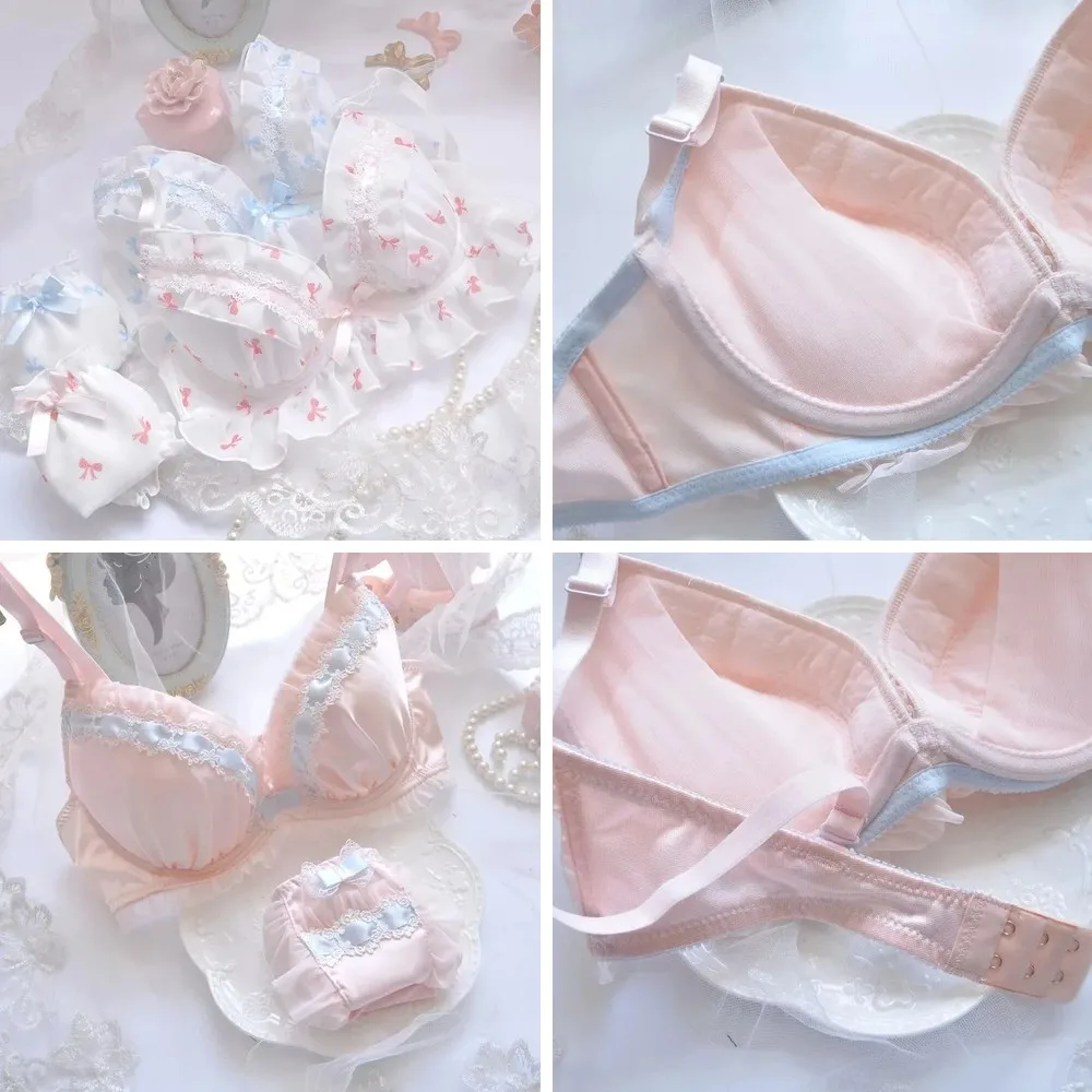 

Pink Floral Embroidered Underwire Bra Set, Water Soluble Lace Lingerie with Bowknot for Women