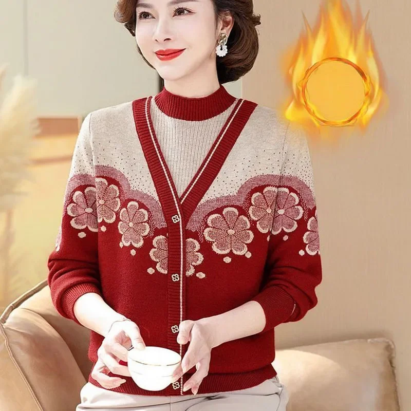 

Temperament Autumn Winner Sweaters Women Mock Neck Button Diamonds Jacquard Weave Plus Velvet Long Sleeve Pullovers Knitted Tops