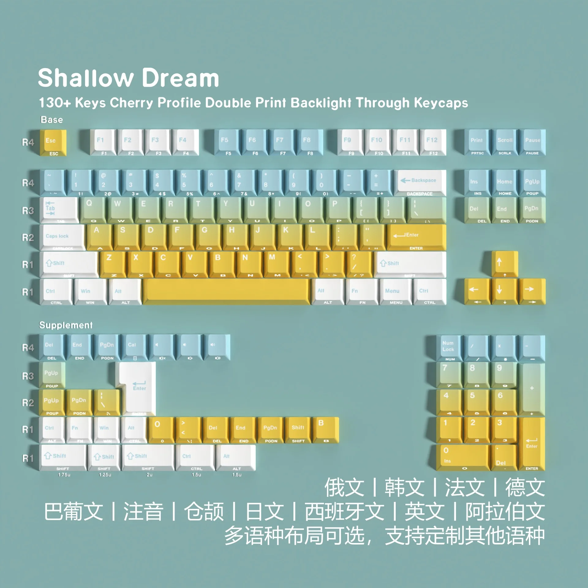 Dream of Light Space Double Engraving Transparent Pbt Original Full Set of Keycaps Korean Russian German Western Grammar Arabic