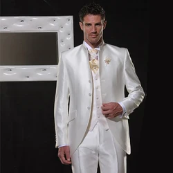 Men's Suits Blazer Tweno Tuxedo Wedding White Satin Single Breasted Three Piece Costume Hpmbre Jacket Pants Vest Slim Fit Custom