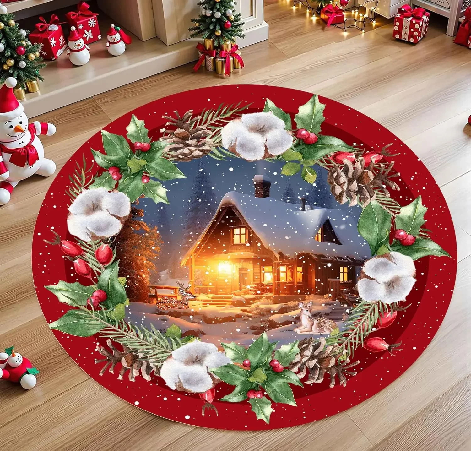 Bedside Living Room Round Carpet Merry Christmas Trees Area Rug Anti Slip New Year Holiday Spirit Aesthetic House Component