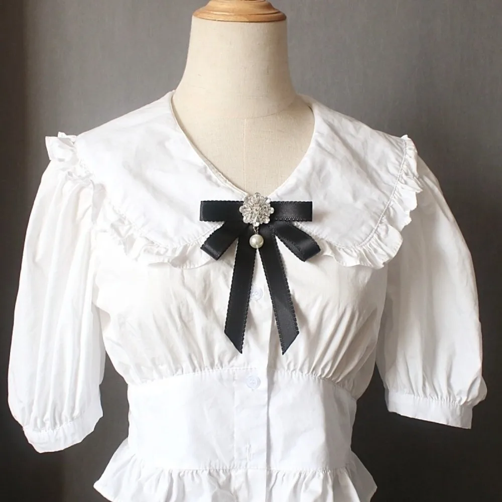 Simple Solid Color Black Ribbon Pin Rhinestones Multi-layer Black Bow Necktie Pearl JK Ribbon Badge Brooch Men