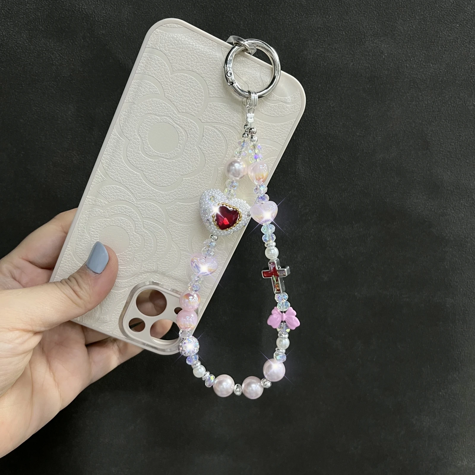 Luxury pearl red heart with cross phone chain, phone accessories, phone case decoration, wristband, phone charm  gift for her