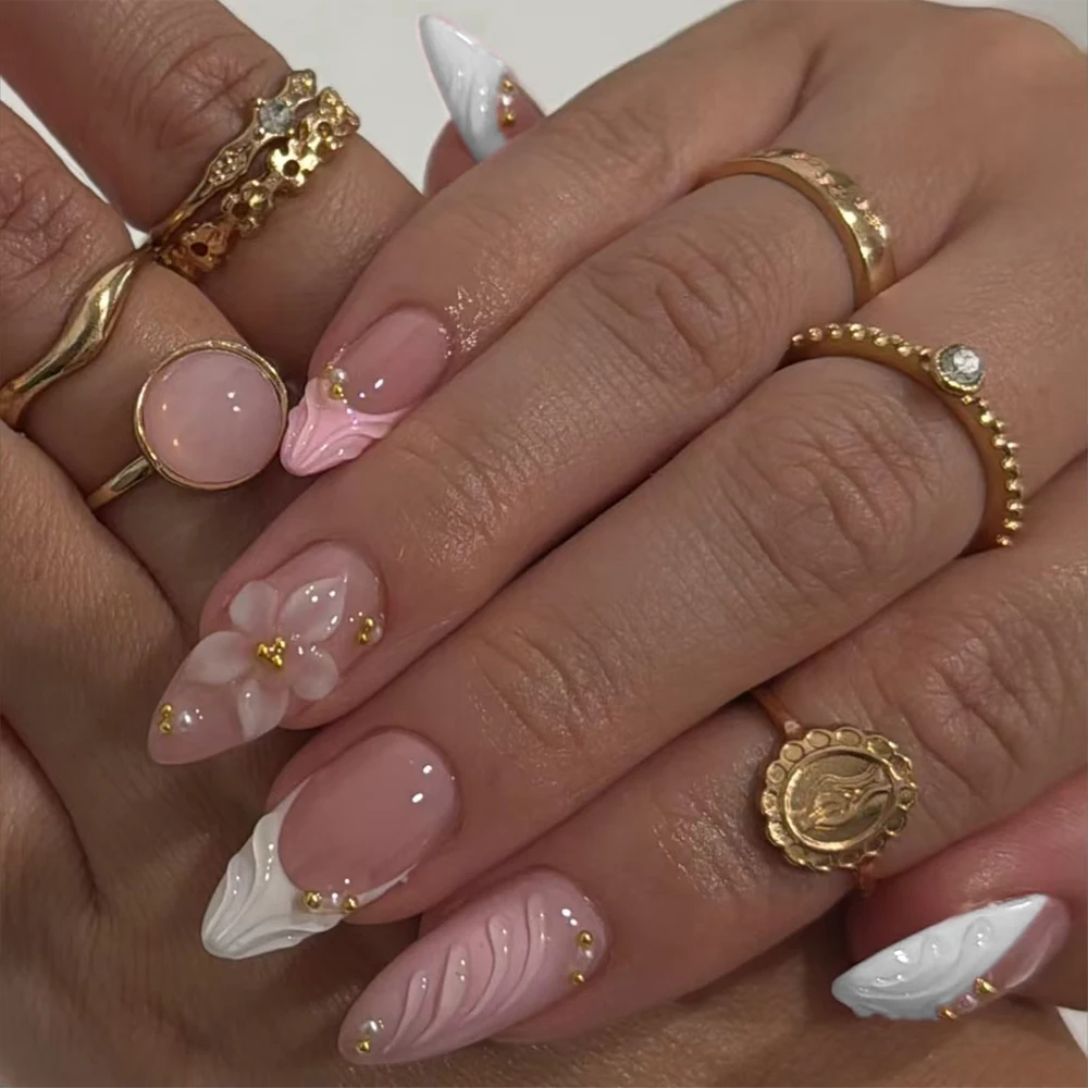 24개 세트 롱 아몬드 플라워 핑크와 화이트 프렌치 프레스온 네일 팁 프렌치 아크릴 가짜 손톱, 3D 젤로 스타일을 업그레이드하세요
