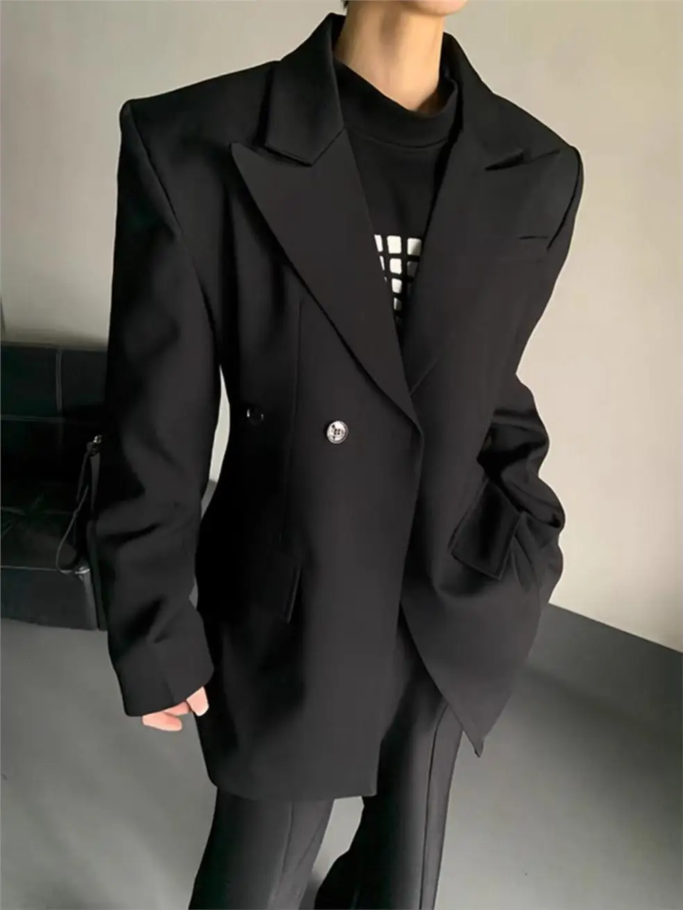 High-End Tailored Shoulder Pad Suit Jacket Men's Autumn DK Black Casual Western Wear Standard Fit Long Sleeve Fashion Urban S...