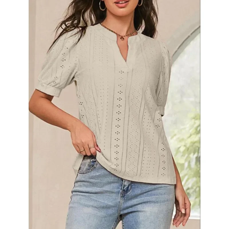 プラスサイズ 1XL-5XL 女性のファッショナブルな V ネック無地ブラウスレディースカジュアル快適な半袖シャツ