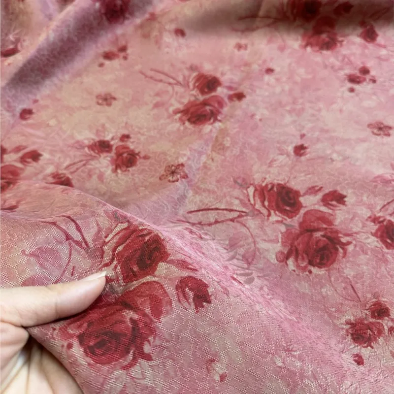 

Pink rose spider lily red gauze silk fabric elegant dress cheongsam set pure