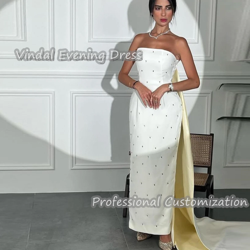 

Vindal Evening Dress Strapless Ankle Length Straight Crepe Built-in Bra Elegant Sleeveless Beaded Saudi Arabia For Woman 2024