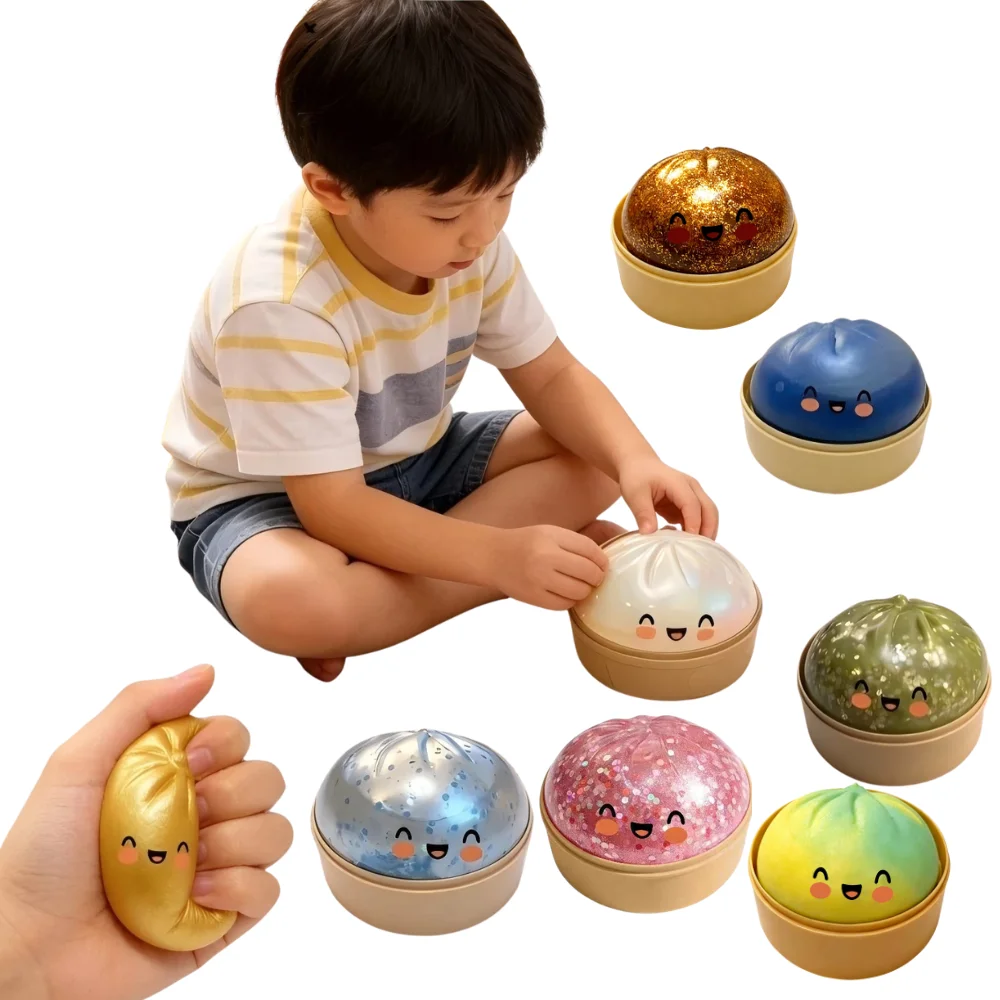Shinny Glitter Dumpling Glitter Crystal Steamer Bun Squishy with Box Dumplings Sensory Squeeze Toy for Stress Relief