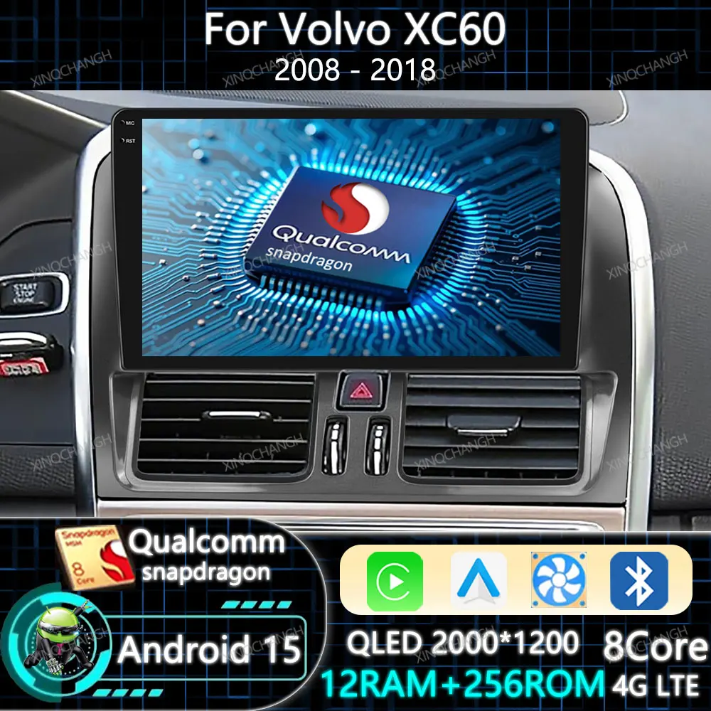 Android 15 Radio de coche Carplay Auto para Volvo XC60 Que 1 2008 - 2017 reproductor de vídeo Multimedia 4G LTE 5G WIFI 2DIN GPS QLED Qualcomm