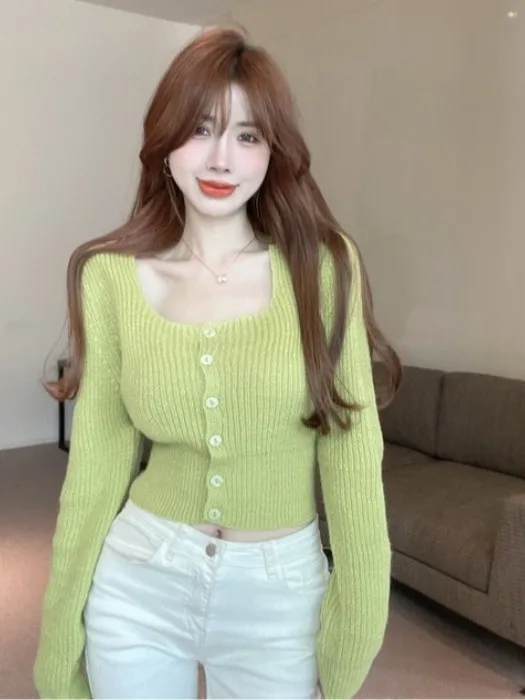 

Retro Square Collar Splice Knitted Open Cardigan Long Sleeve Sweet And Spicy Avocado Green Waist Cinched Slim Fit Short Lengt...