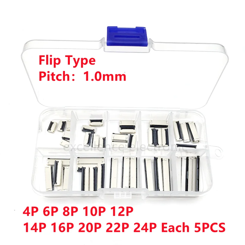 50pcs/Box 1mm Pitch Flip Type Under Clamshell Socket FPC FFC Flat Cable Connector 4P 6P 8P 10P 12P 14P 16P 20P 22P 24P Kits