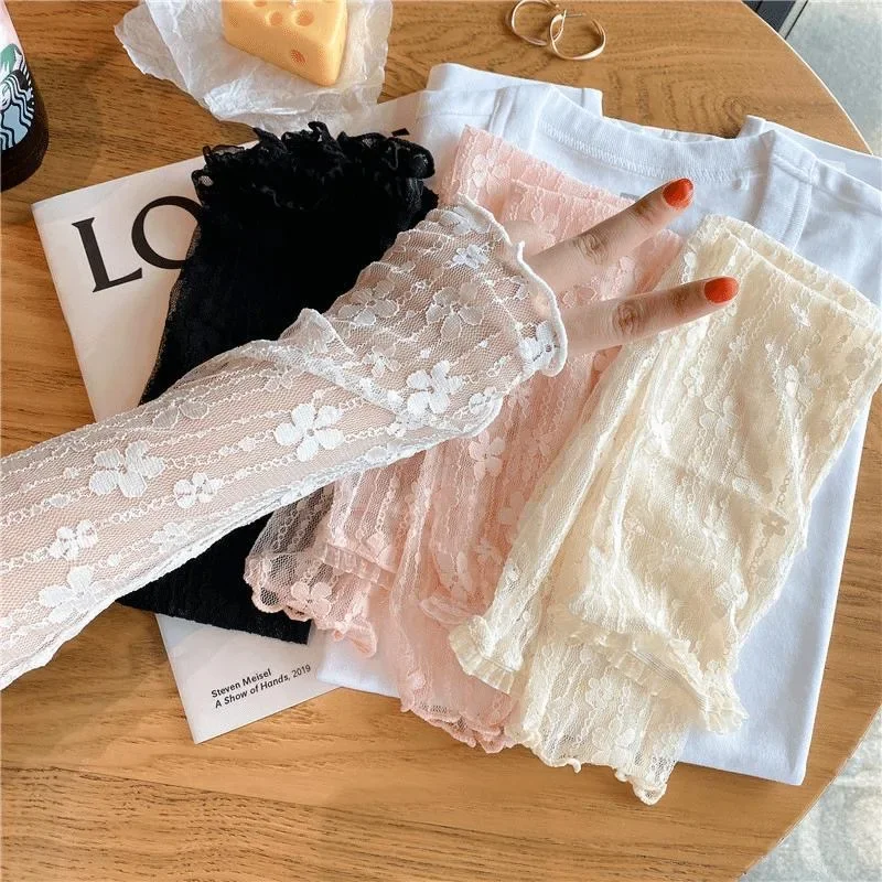 Long Lace Hollow-Out Fingerless Gloves Women Summer Anti-UV Sleeves Mesh Breathable Ice Silk Mittens Oversleeve Driving Cycling