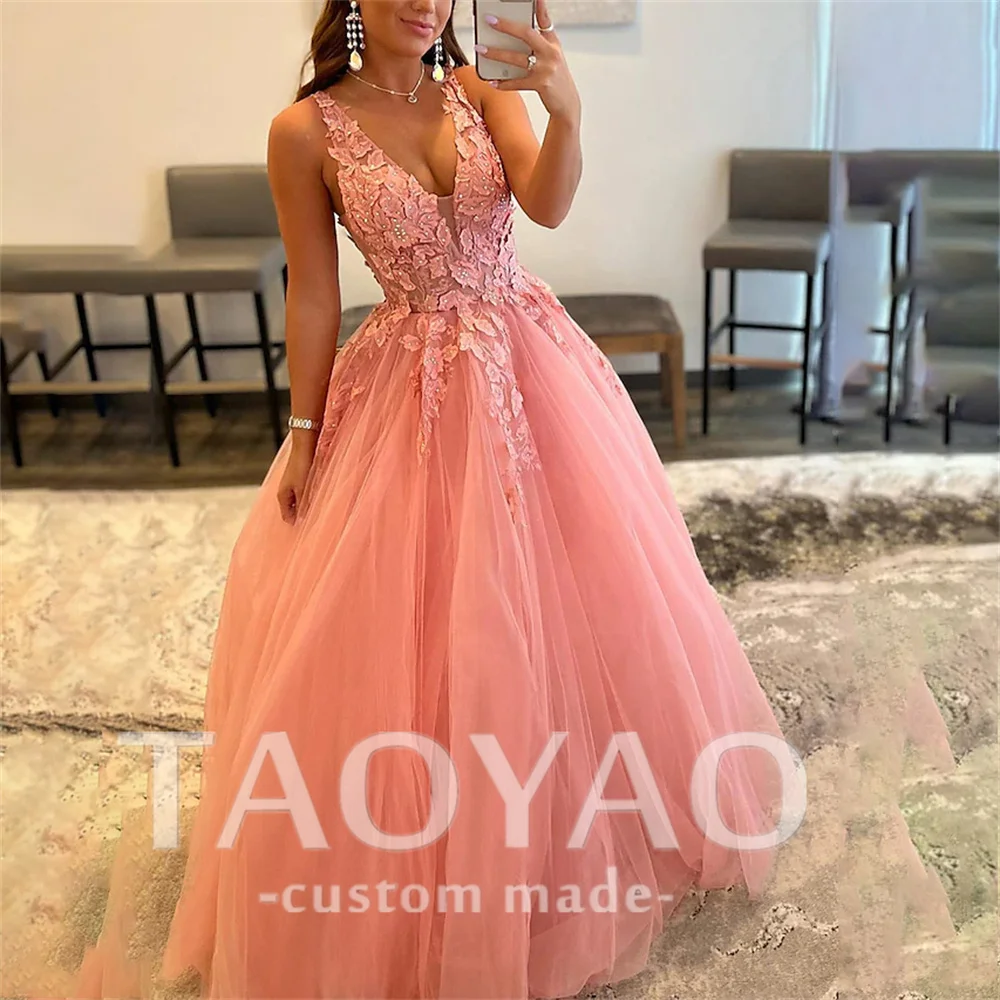 Princess A-Line Evening Dresses V Neck Wedding Dress Backless Party Dresses Tulle Pleats Appliques Prom Dress Vestidos De Fiesta