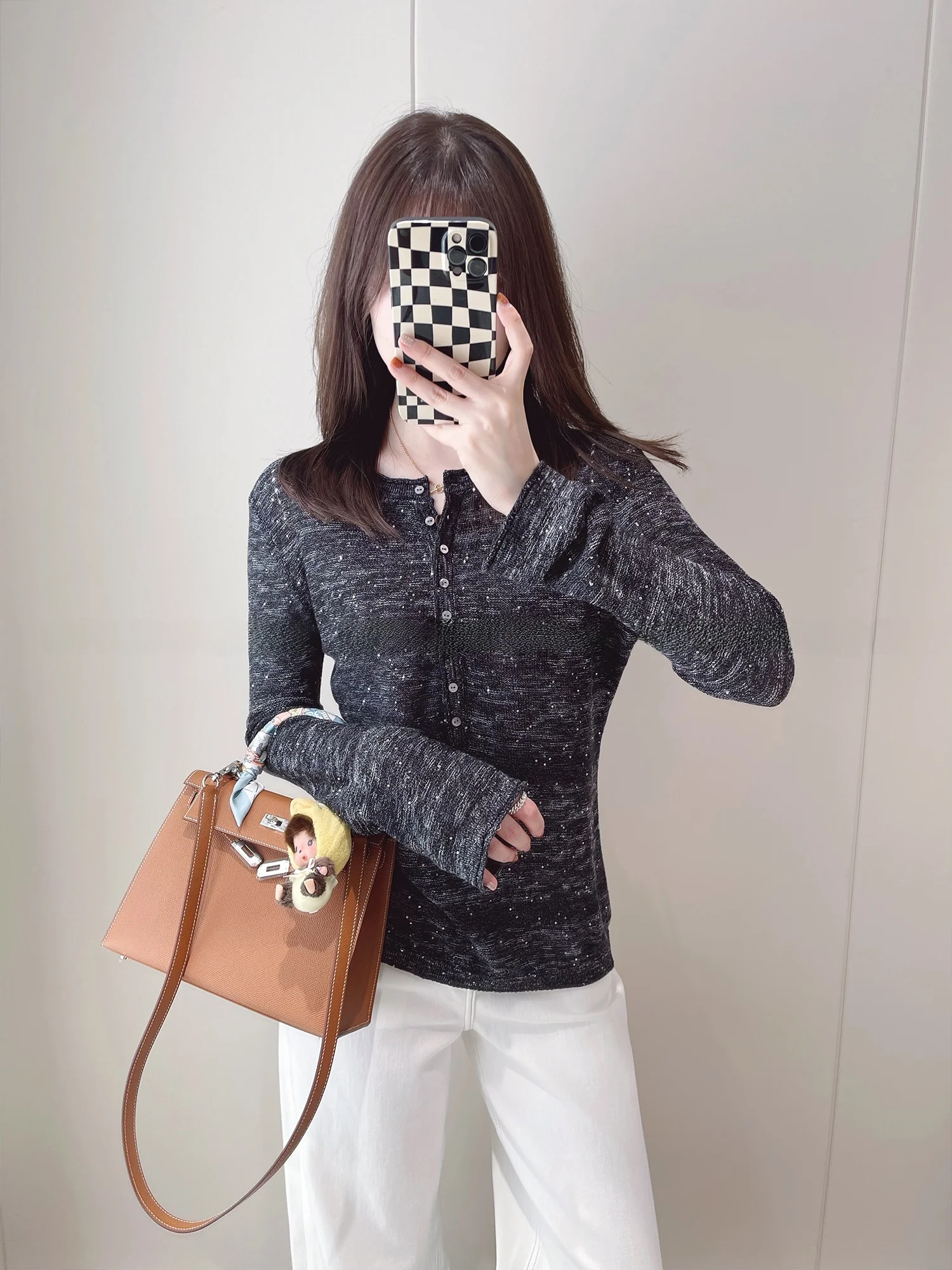 

iny Little Sequins Linen Cotton Bead Slim Henry Knitwear Long Sve Knitted Sweater Women's Spring Faion Casual Wear
