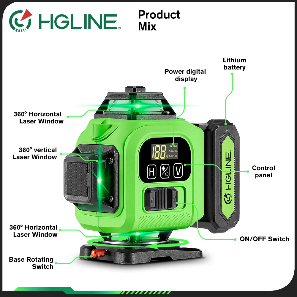 HGLINE 16 Lines 4D Laser Level Long Endurance Laser Level Tool 360° Horizontal Vertical Leveling Machine 2pcs 6000mAh Battery