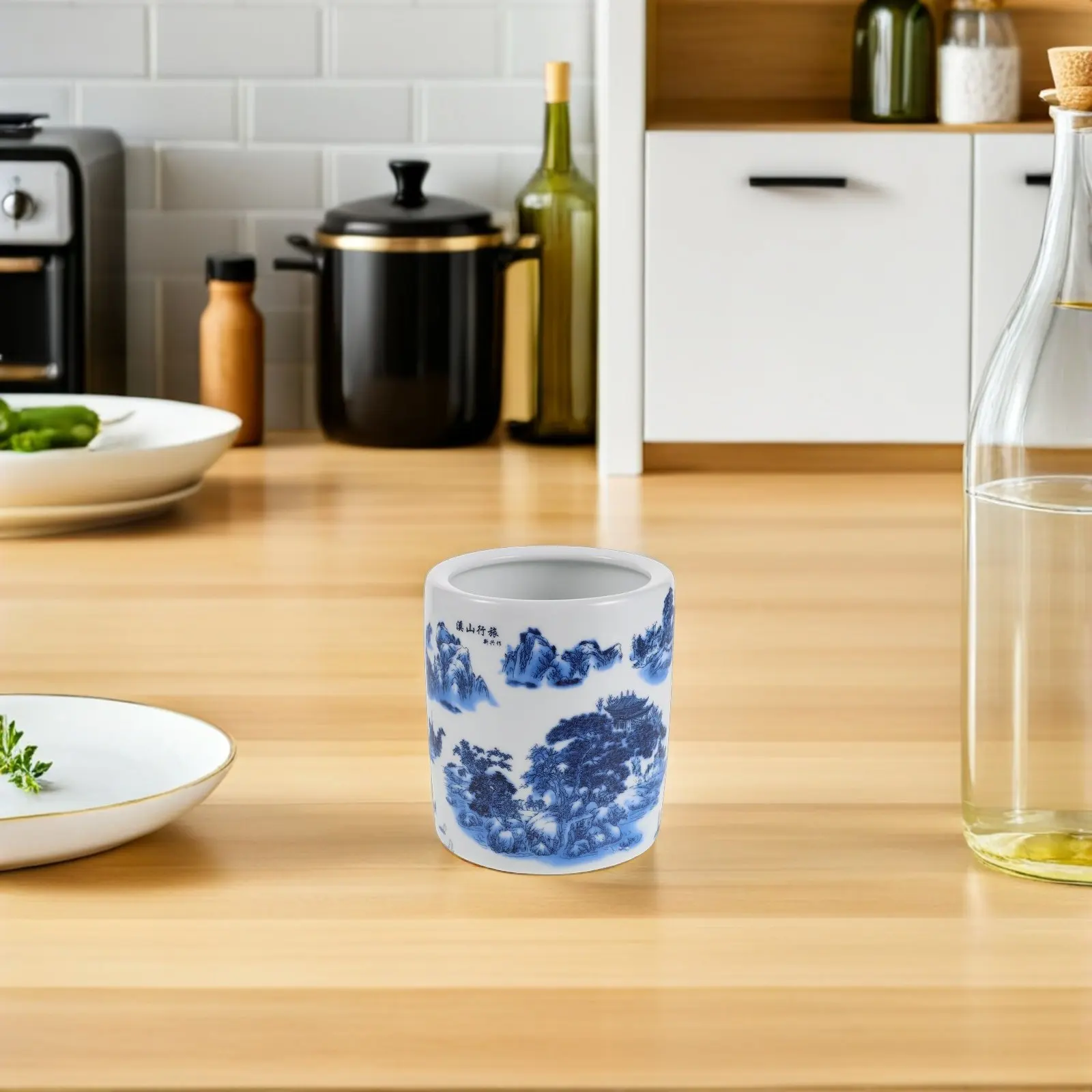 Chinoiserie Blue White Porcelain Utensil Holder Ceramic Kitchen Counter Organizer Chopstick Spoon Holder Cooking Tool Crock