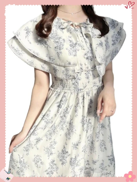 

Japanese Sweet Double-layer Lapel Cape-style Lace-up Dress Summer New High-waisted Slim-fit Printed Polka-dot Long Dresses