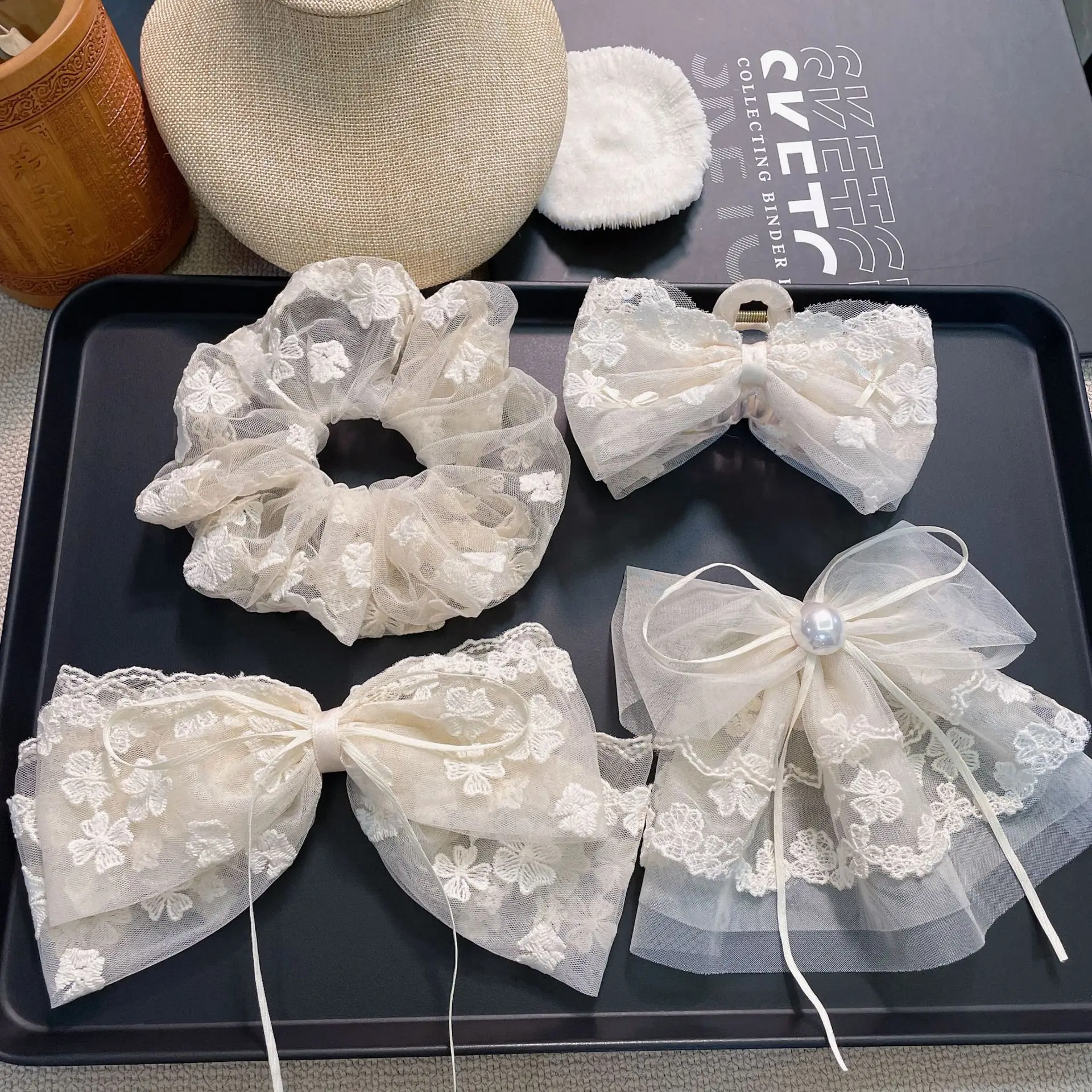 

Korean Hair Accessories Luxury Lace Embroidered Bow Spring Hair Clip - Premium Tulle Hair Accessories for Women's Daily Party