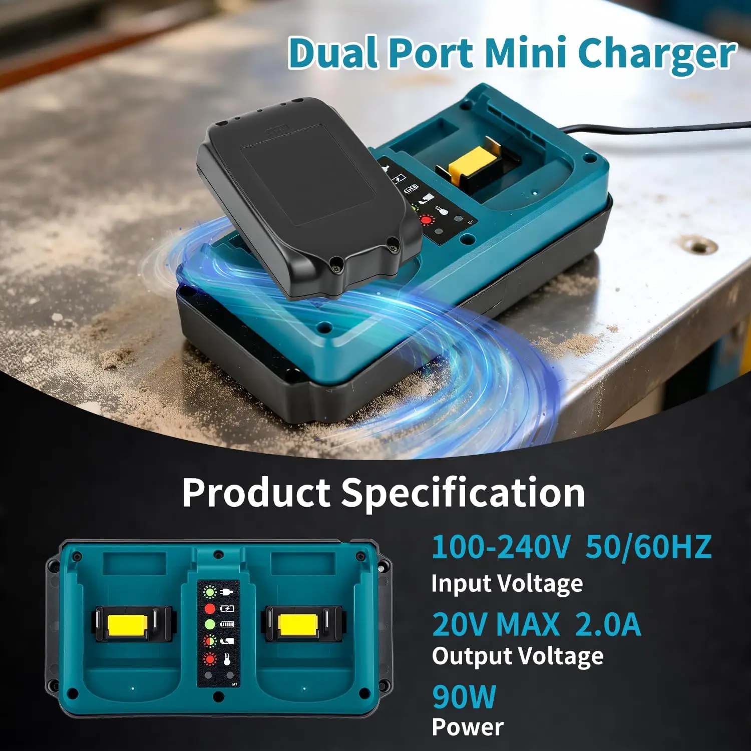 Dual Ports Charger Replacement for Makita/for Dewalt/for Milwaukee/for Bosch 18V Battery Charger,18V Charger Station,EU Plug