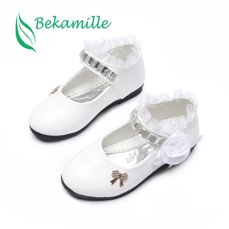 Size 21-37 Girl Leather Shoes Spring Fashion Flower Kids Princess Shoes Flat Heels Children\'s Dresses Shoe