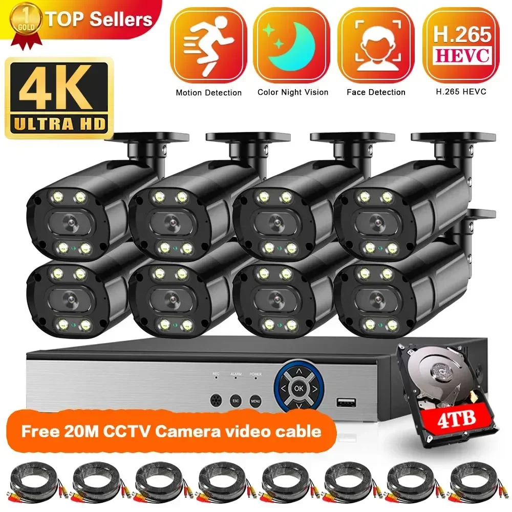 Kit Sistema de Vigilância de Vídeo impermeável ao ar livre, 8 canais CCTV, DVR Kit, 4K Full Color, AHD Security Camera System Set, visão noturna