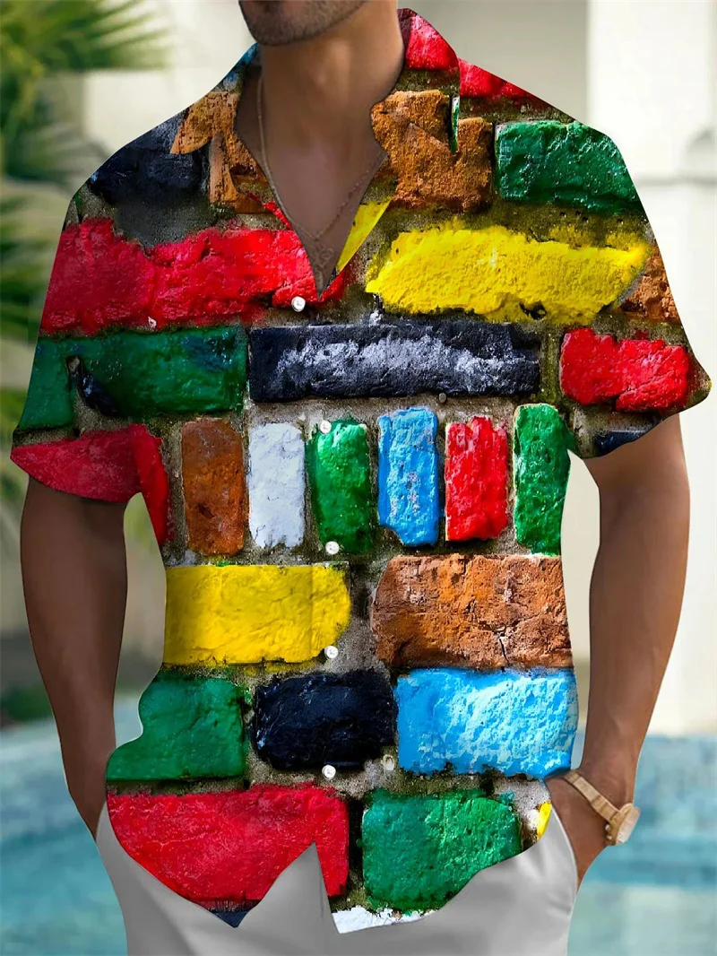 Men's color 3D printed checkered shirt hot selling casual fashion shirt loose men's short sleeved shirt