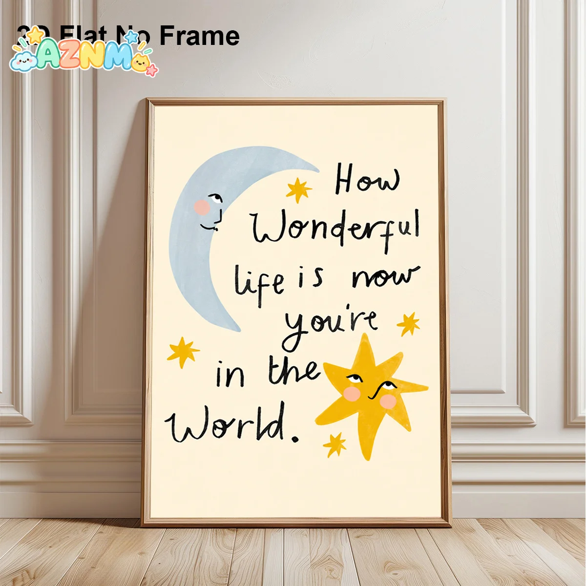 2D Flat, 2D Flat, 1pc Frameless Canvas Poster, Cute Moon And Sun with Text How Wonderful Life Is Now You'Re in The World., Wa