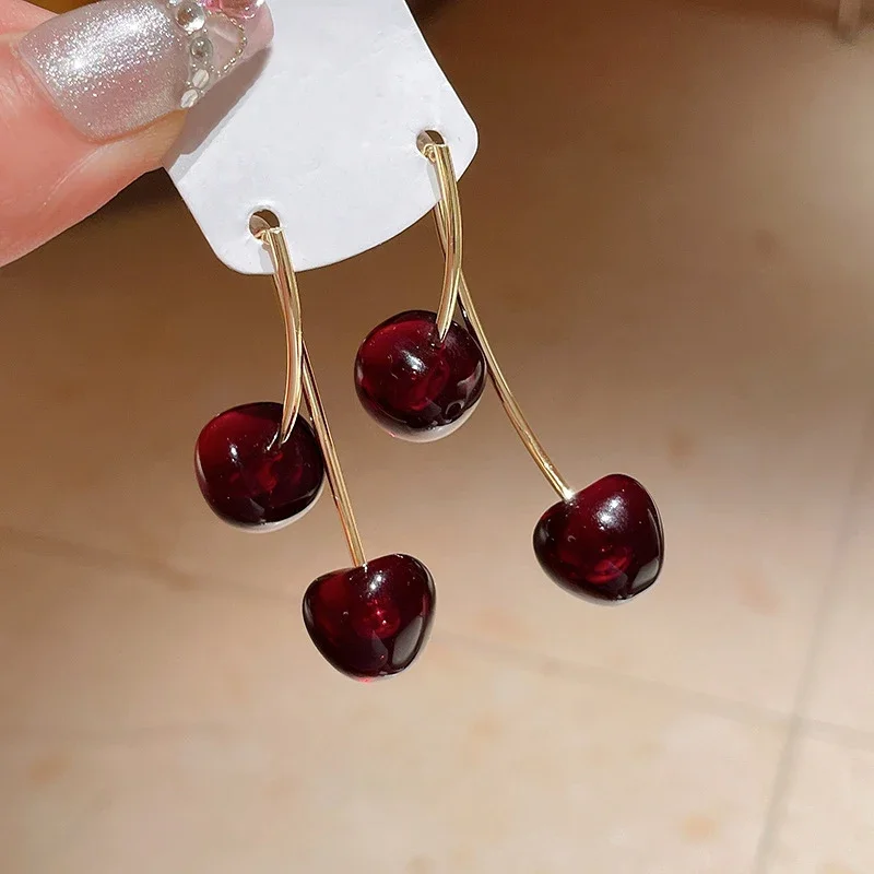 Fresh Sweet Double Red Cherry Earrings for Women Cute Fruit Drop Earrings Unique Design Wedding Party Ear Jewelry Gifts