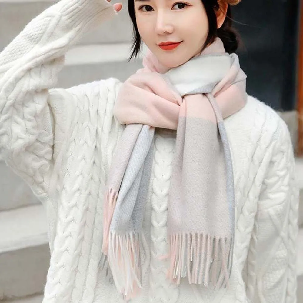 

Soft Wool Classic Plaid Scarf Soft Cold-proof Knitted Wool Scarf Korean Style Contrast Color Long Neckscarf with Tassel Outdoor