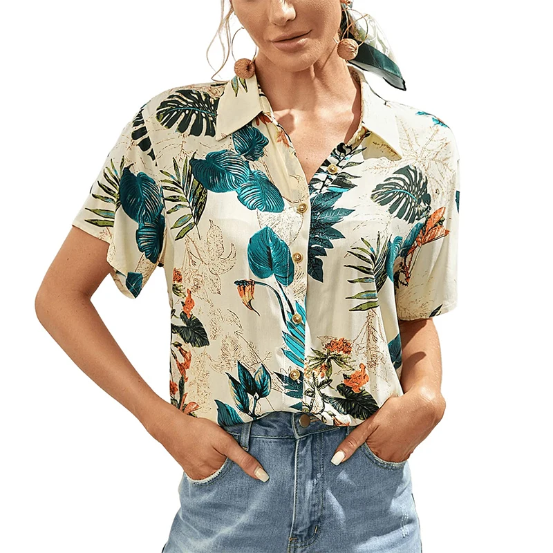 Hawaii Tropical Plants Floral Beach Shirts 3D Print Women Short Sleeve Shirt Button Tops Oversized Holiday Blouse Woman Clothing