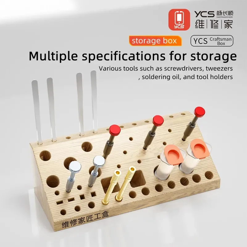 YCS 59 Holes Wooden Storage Box for Mobile Phone Repair Tweezers Screwdrivers Solder Iron Handle Classification Collection Tool