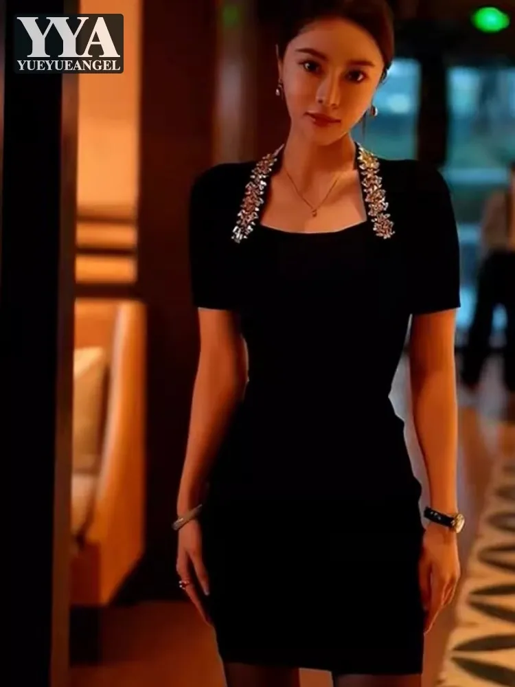 

Elegant Party Banquet Women Short Dress Summer Short Sleeve Slim Fit Wrap Dress High Waist Fashion Ladies Diamonds Black Dresses