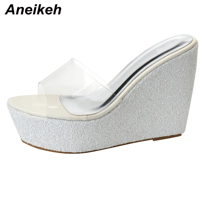 Aneikeh Summer 2024 New Fashion Sequins Transparent Rubber Wedge Heel Thick Sole Sandals for Women 10CM Open Toe Ladies Shoes