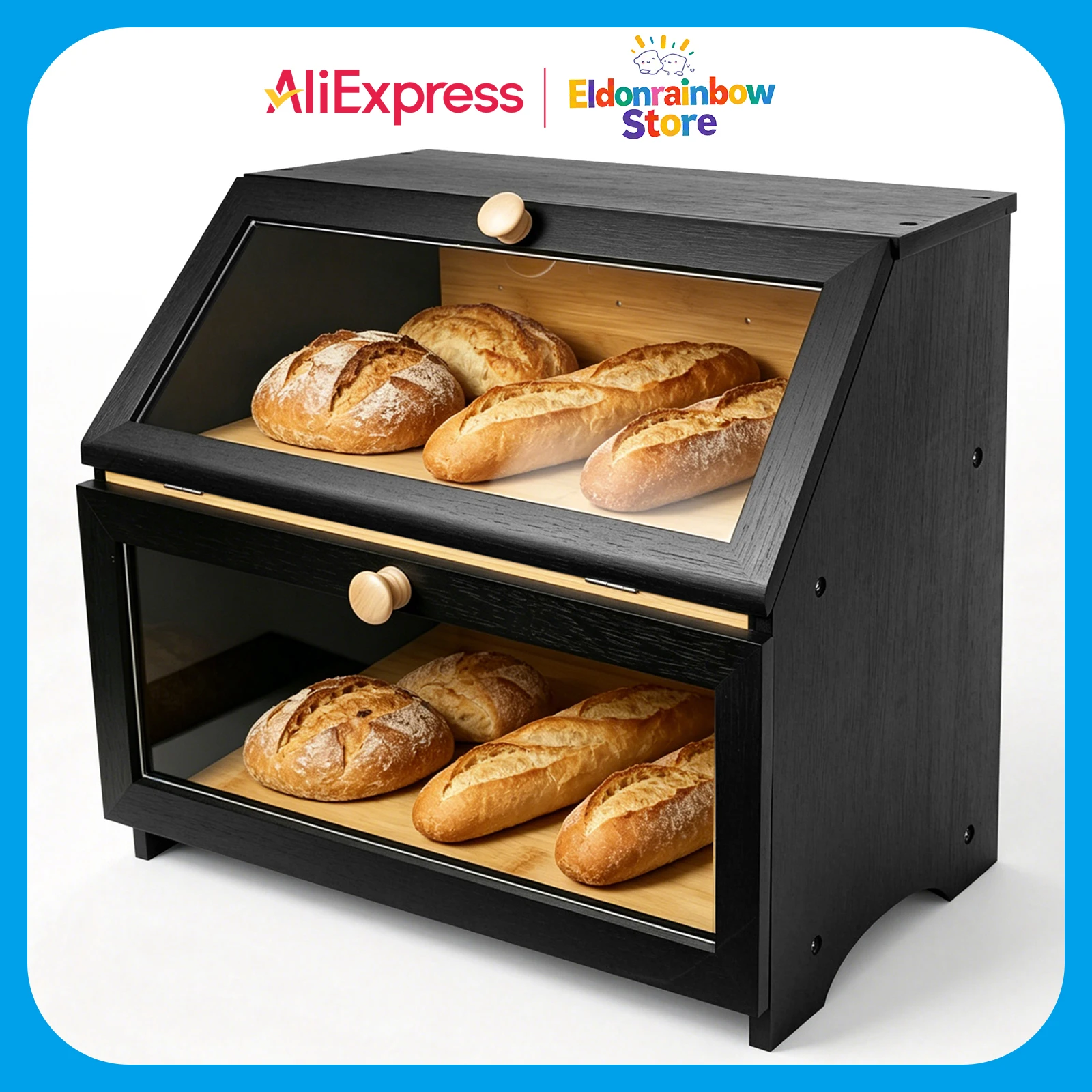 Boîte à pain en bambou double couche, grande capacité, noire, anti-humidité et anti-moisissure, support de comptoir pour pains, bagels et pâtisseries