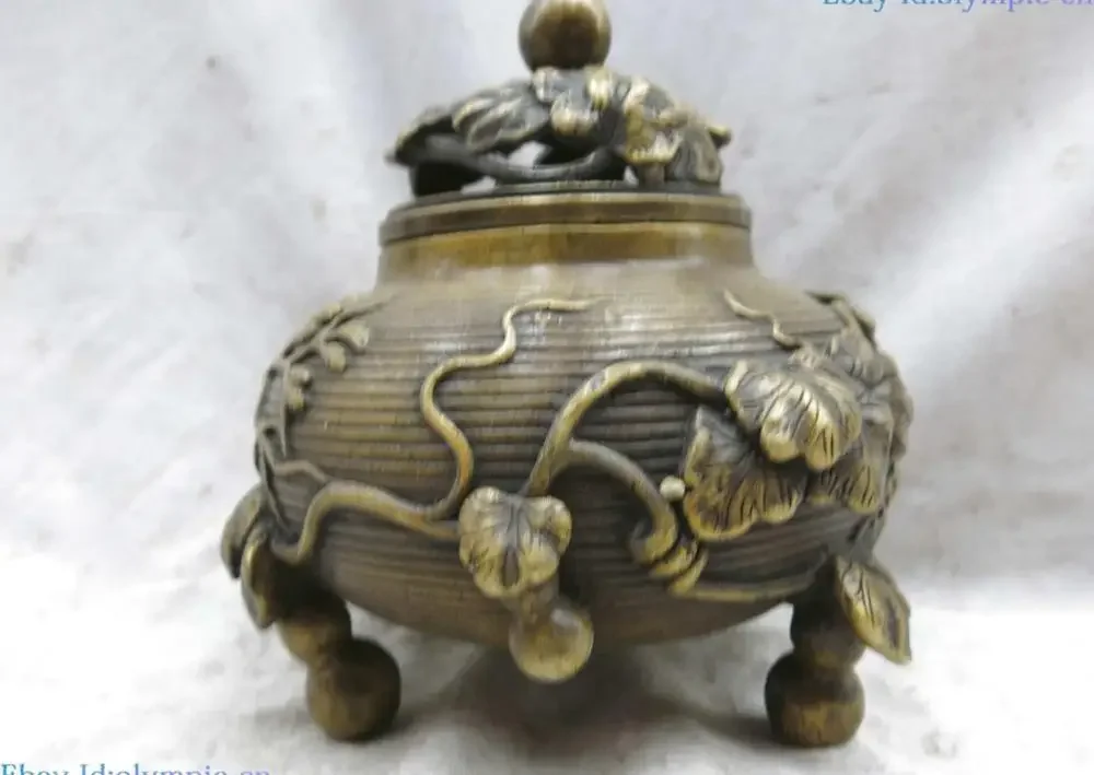 

7" China brass censer carved Feng Shui fine calabash Incense Burner Statue