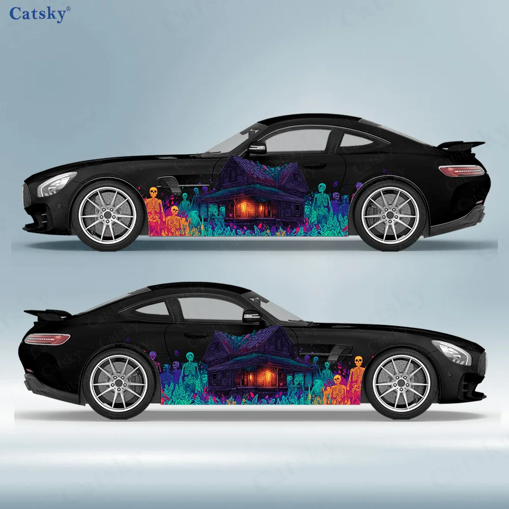 Horror Skull House Colorful Car Vinyl Wraps Decal Self-adhesive PVC Sticker Suitable for Trucks SUV Decor Auto Accessories Gift