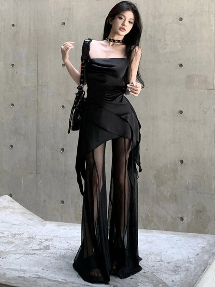 Korean Style Designer 2 Piece Set Women Black Camis Tops + Fashion Mesh Pants Suit Female Elegant Sexy Party Vintage Y2k Set New