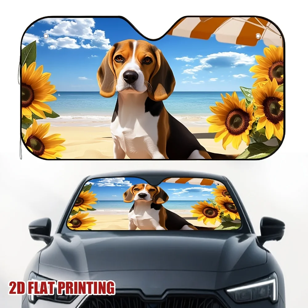 1pc Beagle Beach Sunflowers Car Sun Visor - 2D Flat Printing, UV Protection & Heat Reduction, Fit For All Vehicles, Summer Trave