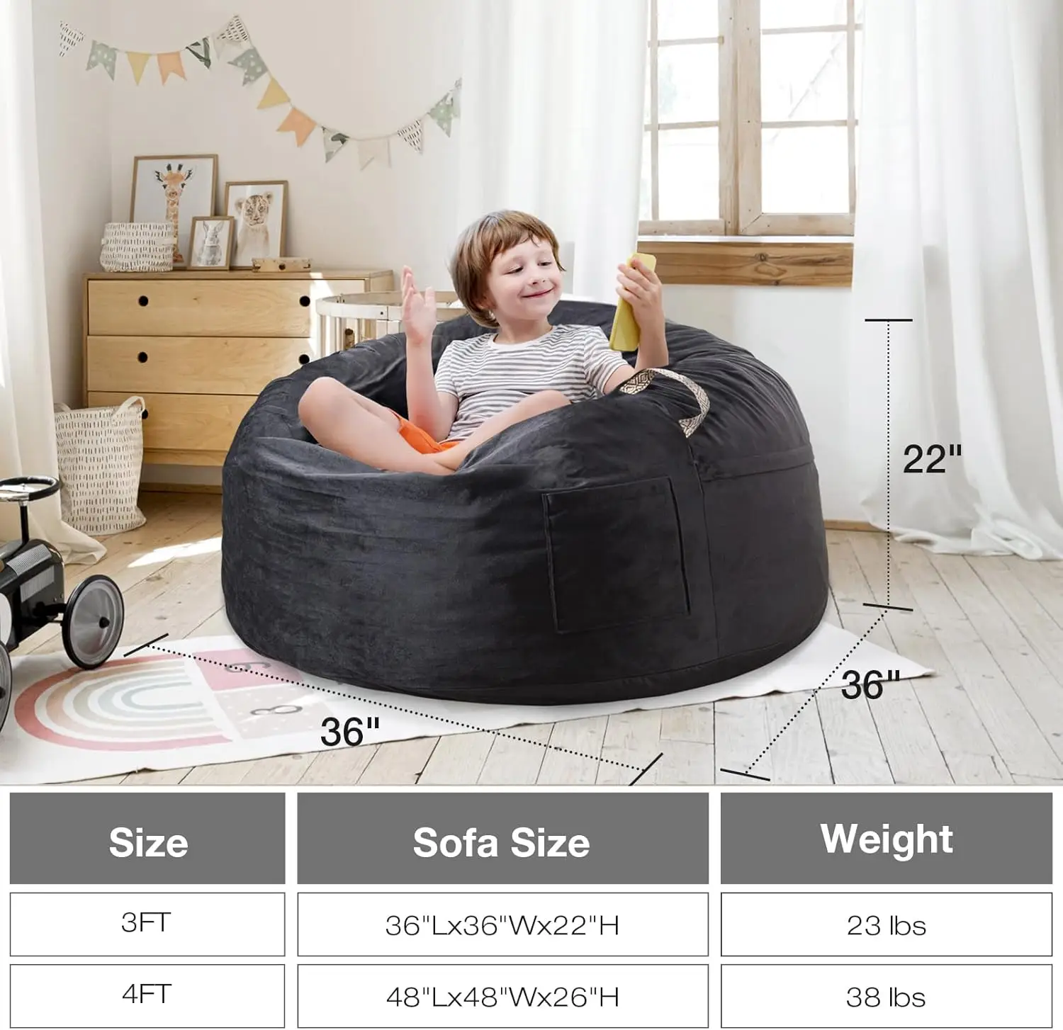 

Comfort corner [Removable Outer Cover] Large Bean Bag Chair: 3 ft Memory Foam for Adults/Kids,Faux Fur Fabric,Machine Wash