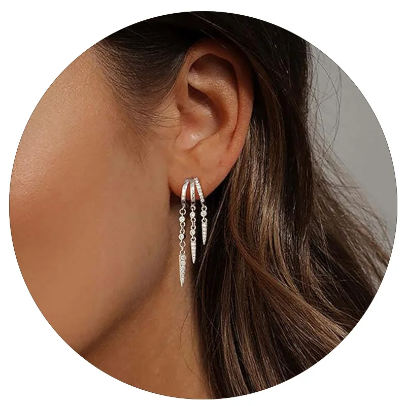 Versilberte Quasten-Creolen für Frauen mit CZ-Kristallen, zierliche mehrlagige Tropfenohrringe, trendiger, eleganter Party-Schmuck, Geschenk