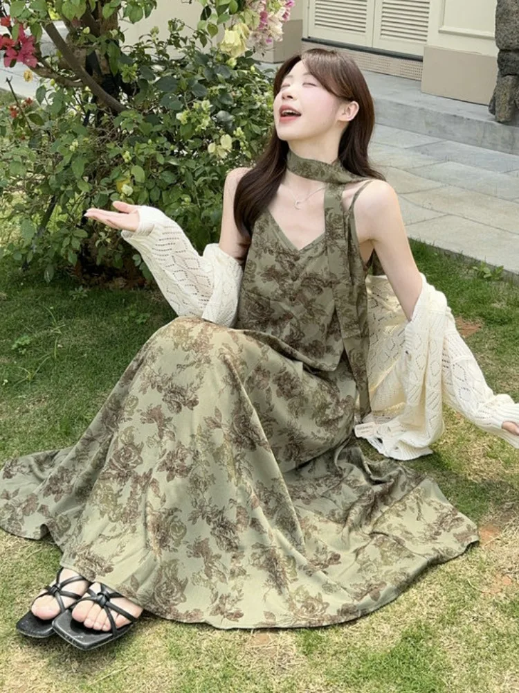 

plus Size Women's V-Neck Floral Print Maxi Dress Casual Summer Outfit Knitted Open Cardigan Set Breathable Loose Fit Fashionable