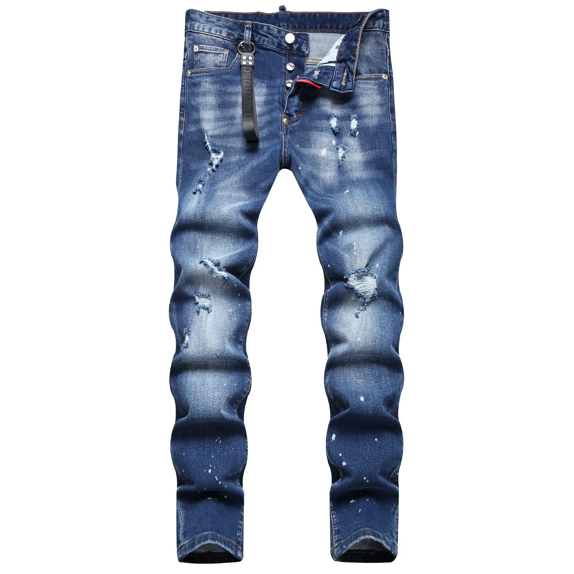 2024 Autumn Foreign Trade Men's Jeans with Worn Holes, Fashionable Hanging Accessories, Trendy Painted Slim Fit Small Feet Mid W