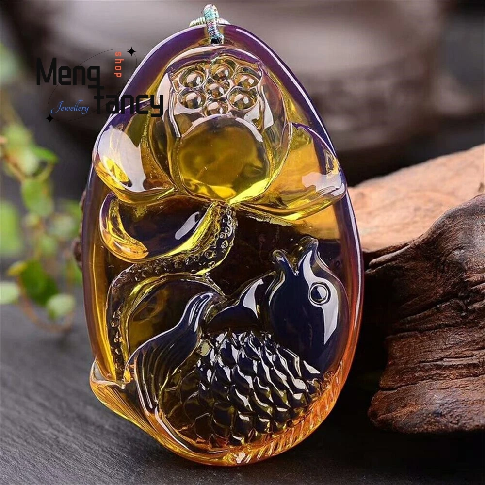 

Blue Amber Lotus Fish Pendant, Lotus Year After Year, Abundant Fish Sweater Necklace, Long Pendant Fashion Jewelry Exquisite