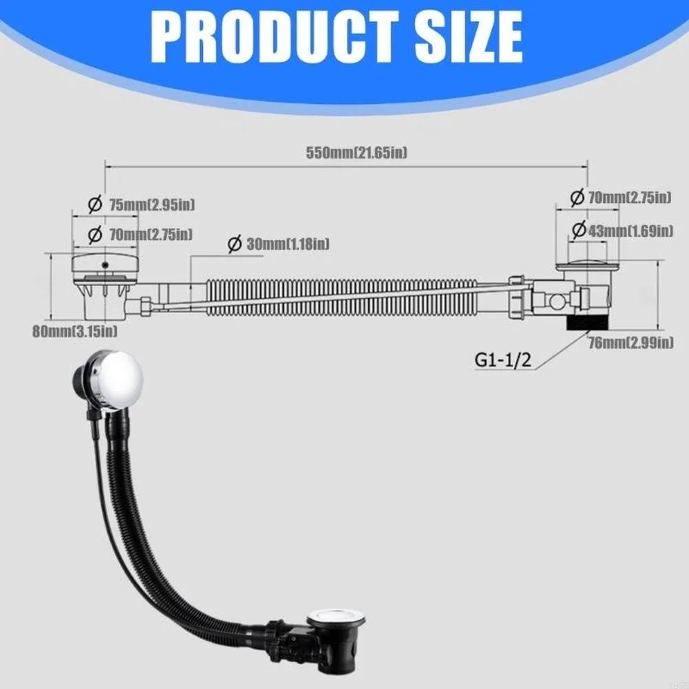 Brass Bath Waste Kit with Overflow Function and Integrated Drain Cover Designed for G1 1/2 Connection and 550mm Pipe Length