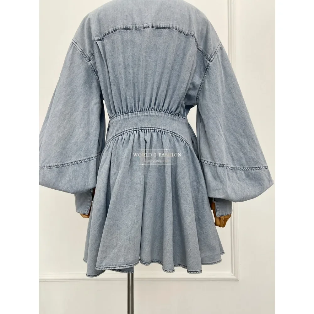 Wunderschönes 2025, langärmliges Minikleid aus blauem Denim für Damen von Dresssky, hohe Qualität für den Alltag