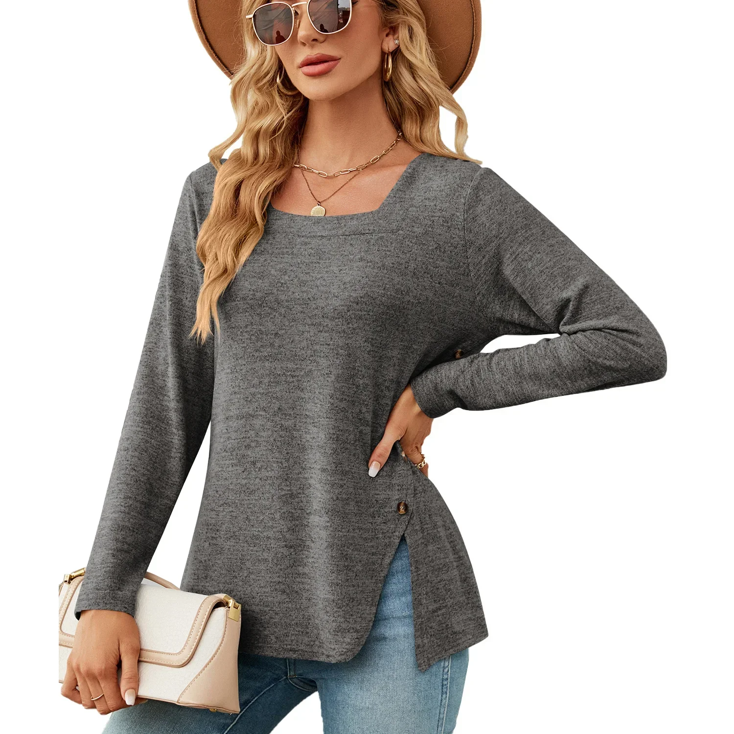 

Women Long Sleeve Loose T-shirt Top for Spring, Autumn Square Neck Split Solid